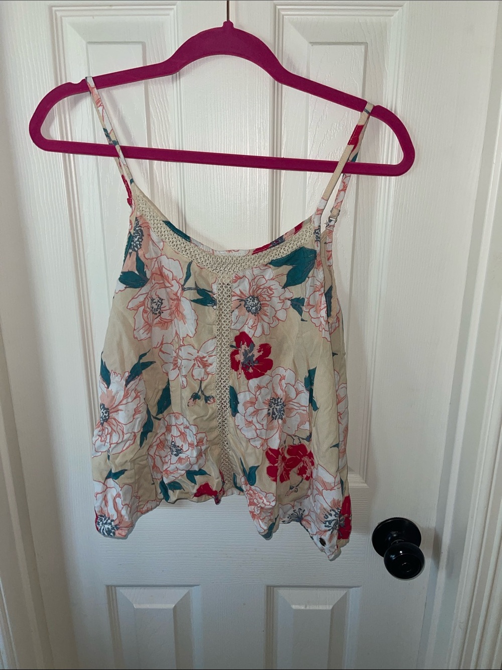 ROXY Floral Spaghetti-Strap Tank Top - Beige with Pink & Teal Flowers